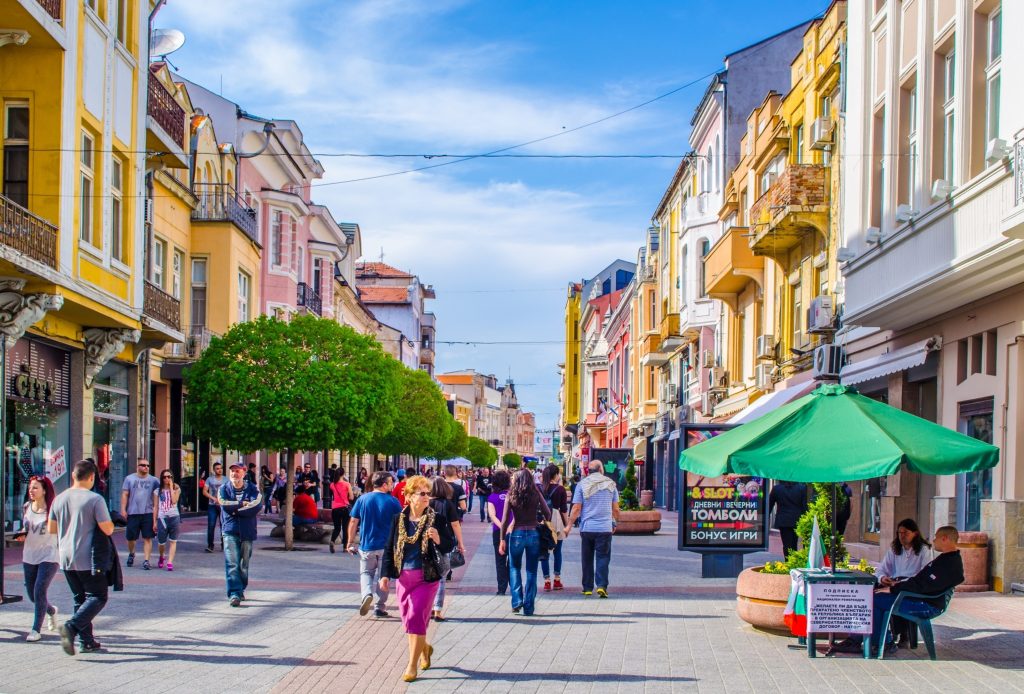 PLOVDIV, BULGARIA, APRIL 7, 2015 People are strolling through the main boulevard in center of Plovdiv which is the host of the European Capital of Culture in 2019