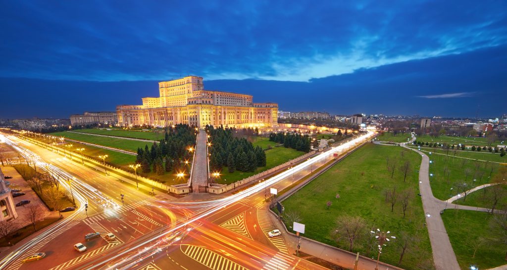 Bucharest Aerial View of Parliament Palace at Sunset