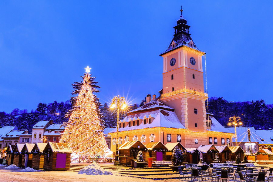 Old city square of Brasov during Christmas, Romania