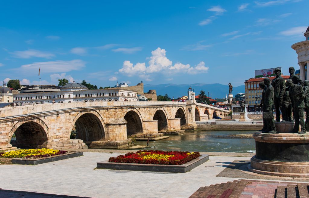 Skopje, Macedonia - August 26, 2017: Skopje Stone bridge over Va